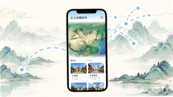 云上丝路软件主界面预览图,画面主体为手机屏幕展示的丝绸之路地图与景点推荐卡片,背景为淡雅的中国风山水画与连接城市的虚线路线,整体风格现代简约,色彩清新明亮