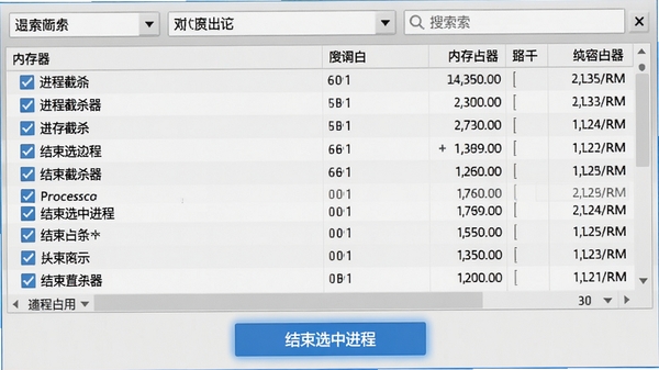 进程截杀器批量操作界面，多个进程被勾选，界面下方有“结束选中进程”的按钮，按钮为蓝色高亮，进程列表按内存占用降序排列，顶部有筛选和搜索框，整体界面直观易用