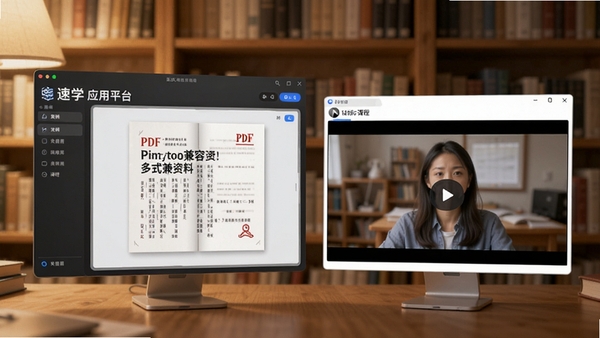 速学应用平台多格式资料支持界面，同时打开PDF教材与视频课程窗口，背景为书架，光线柔和，体现资料兼容性强的特点