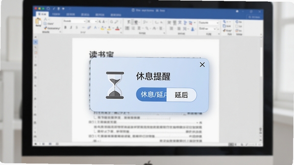 读书宝用眼疲劳管理功能示意图，画面中电脑屏幕前出现一个淡蓝色的休息提醒悬浮窗，窗口内有沙漏图标和休息/延后按钮，背景是模糊的文档编辑界面，风格写实清晰