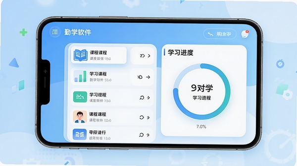 勤学软件主界面展示图，画面中央是课程列表与学习进度环，背景为浅蓝色渐变，整体风格简约现代，突出学习规划与效率提升的移动应用核心功能