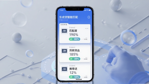 东成贷智能匹配功能示意图，手机界面显示多个贷款产品卡片对比，带有匹配度百分比和推荐标签，背景搭配柔和灰色与蓝色调，展现科技感和便捷性