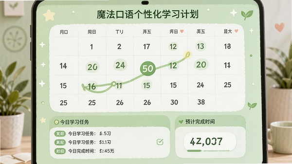 魔法口语个性化学习计划界面，画面展示一个简洁的日历打卡页面，上面标记着连续打卡的天数，页面下方有今日学习任务列表和预计完成时间，背景是浅绿色的清新风格，象征着成长与坚持，整体画面强调学习习惯的养成和个性化学习路径