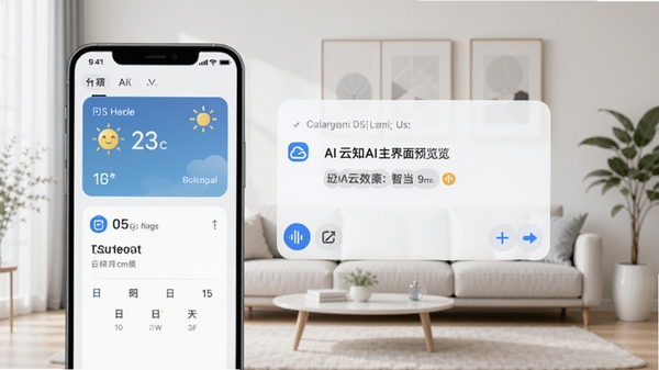 云知AI主界面预览图,展示智能语音助手对话框,背景为简约现代客厅,手机屏幕中显示天气卡片与日程提醒,整体色调明亮清新,突出AI助手的智能与便捷