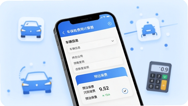 车险费用计算器主界面预览图,画面主体为手机屏幕内清晰展示车辆信息录入表单与预估保费结果卡片,背景为浅蓝色渐变,配以汽车图标与计算器元素,整体风格简洁明亮,适合应用商店展示