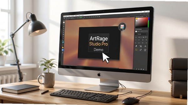 ArtRage Studio Pro Demo 软件安装完成后的桌面快捷方式图标，鼠标指针正在双击打开软件，电脑屏幕亮起显示软件加载画面，周围环境为整洁的书桌，光线明亮，写实风格，高细节