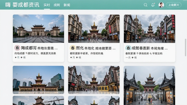 嗨耍成都资讯页面截图，显示多条本地新闻列表，配以成都天府广场、春熙路等实景图片，界面采用卡片式布局，颜色清新，文字清晰，突出实时更新与本地化特点。