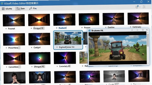 Xilisoft Video Editor特效库展示,多种转场特效缩略图网格排列,选中一个特效时预览窗口显示应用效果,界面生动直观