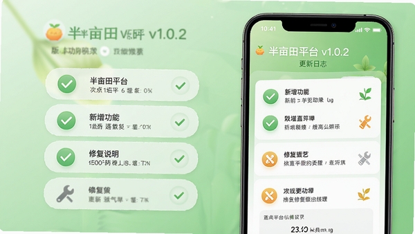 半亩田平台v1.0.2版本更新日志界面,手机屏幕展示新增功能列表和修复说明,背景为柔和的绿色渐变,配有对勾和修复图标,整体风格清新,重点突出版本升级内容