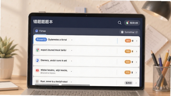 我的题库错题本界面，列表显示题目分类与错误次数，背景柔和，强调错题整理功能