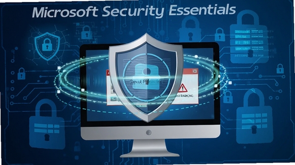 Microsoft Security Essentials实时保护功能示意图，盾牌图标周围有扫描线条，电脑屏幕上有警告弹窗，背景为网络安全元素，蓝色科技感