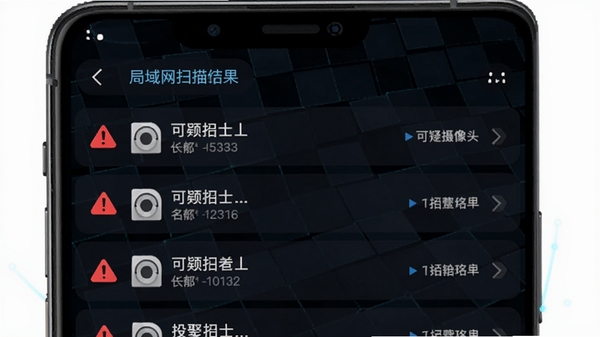 检测摄像头卫士软件功能示意图，手机界面展示局域网扫描结果列表，列出多个可疑设备名称与IP地址，每个条目带有红色警示图标，背景为简洁的深色科技网格，画面具有现代感与视觉冲击力