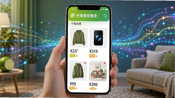 青柠优品智能推荐功能展示,手机屏幕显示个性化商品列表,包含服饰、数码、家居等品类,每件商品配有价格和评分,背景有数据流动线条,体现智能分析,画面色彩丰富,科技感与生活感结合