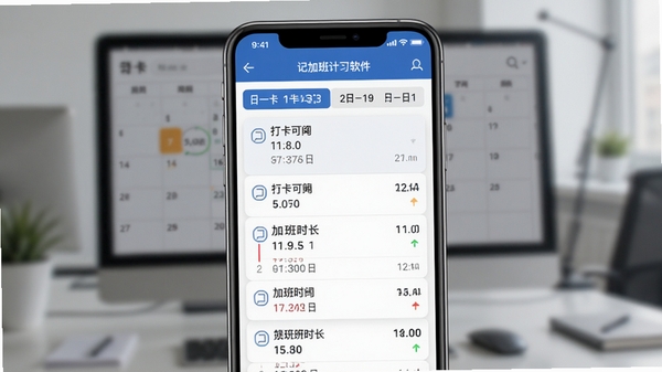 记加班计工时软件工时记录功能展示,手机界面显示打卡时间列表和日期分类,背景为工作日历,画面清晰展示加班时长的计算过程,风格简洁专业