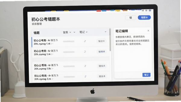 初心公考错题本界面,展示错题列表和笔记编辑框,界面简洁,突出学习整理功能,背景为白色