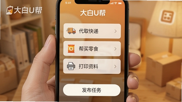 一张手机截图，显示大白U帮发布任务的界面，包含“代取快递”、“帮买零食”、“打印资料”等任务类型选项，下方有“发布任务”按钮，背景为暖色调，突出任务发布的便捷性，画面清晰，包含软件名称“大白U帮”的标识。
