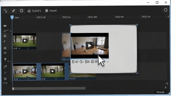 AVS Video ReMaker软件中拖拽视频片段调整顺序的操作界面，鼠标指针正在拖动一个带有缩略图的视频块，时间轴显示多个片段排列，界面清晰直观