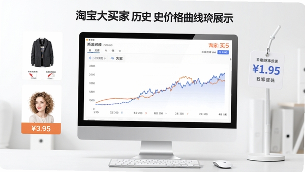 淘宝大买家历史价格曲线功能展示图，画面中显示电脑屏幕上的价格折线图，旁边有商品图片和价格标签，背景简洁，突出数据可视化