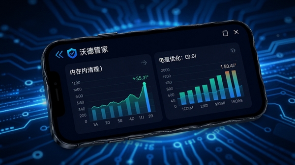 沃德管家性能监控界面,手机屏幕显示内存清理与电量优化图表,背景为科技感十足的蓝色光效,突出软件对设备性能的强劲优化能力。
