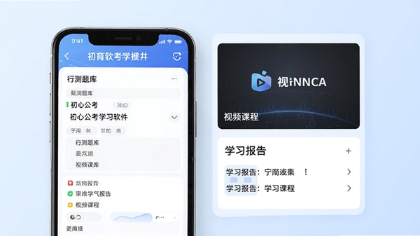 初心公考学习软件主界面展示,手机屏幕中显示行测题库、视频课程、学习报告等模块,背景为淡蓝色渐变,整体风格简洁现代,突出教育科技感