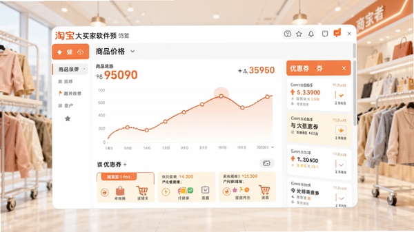 淘宝大买家软件界面预览图，画面中央展示商品价格曲线与优惠券列表，背景为明亮的购物场景，整体风格清爽现代，突出软件功能特点
