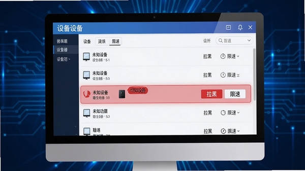 蹭网防护器设备扫描功能界面展示，画面中一台电脑屏幕上显示软件设备列表页面，列表中有多个设备条目，其中一台陌生设备被红色高亮标记并显示“未知设备”标签，旁边有“拉黑”和“限速”按钮，背景为深蓝色科技感光效，突出智能识别与安全防护的氛围，画面清晰专业