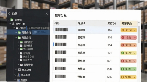 展示e群超市管理系统免费版后台库存管理界面的局部截图风格画面，左侧为商品分类树，右侧表格中罗列商品条码、名称、库存数量与预警状态，界面配色清爽，数据清晰可读，背景虚化处理，突出软件界面细节，16:9构图
