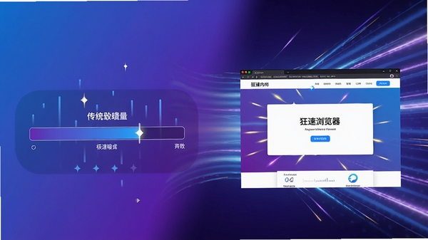 狂速浏览器极速内核工作示意图，画面左侧为传统浏览器加载缓慢的进度条对比，右侧为狂速浏览器瞬间完成加载的页面展示，背景有高速运动的流线光效，色彩以蓝紫渐变为主，突出速度与效率