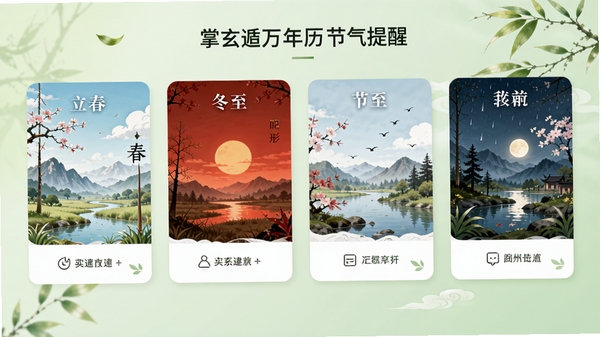 掌玄遁万年历节气提醒界面,展示立春、冬至等节气卡片,配以对应的自然风景插画,界面设计清新自然,功能标注清晰,背景为淡绿色渐变,适合功能说明
