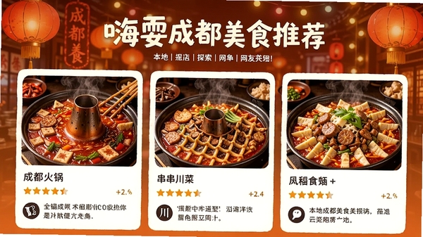 嗨耍成都美食推荐页面，展示成都火锅、串串、川菜等特色美食图片，配以店铺评分与网友评价，背景为暖色调，画面诱人，突出本地美食探索主题。