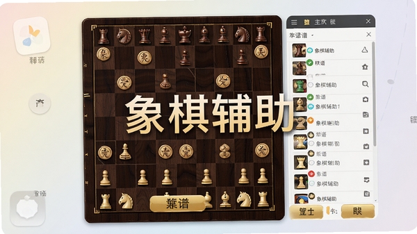 象棋辅助软件主界面预览图，展示棋盘、功能按钮和棋谱列表，整体风格简洁现代，色彩以深色木质棋盘搭配金色按钮，背景为淡雅渐变，画面中心突出软件名称“象棋辅助”，适合应用商店展示