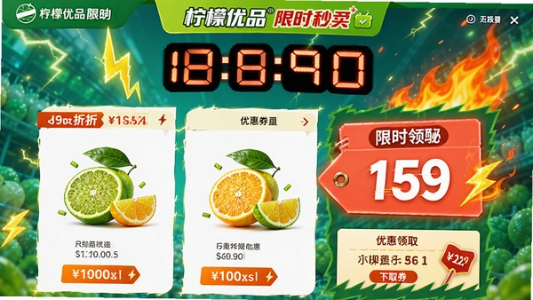 青柠优品限时秒杀页面,展示倒计时、折扣商品和优惠券领取入口,背景颜色鲜亮,价格标签醒目,带有闪电和火焰特效,营造抢购氛围,促销气息浓厚