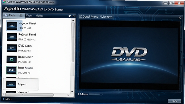Apollo WMV/ASF/ASX to DVD Burner软件主界面预览图，左侧为视频文件列表，右侧为DVD菜单预览窗口，整体界面简洁清晰，背景为深蓝色科技感风格