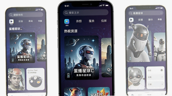 蛋播星球手机应用主界面预览图，展示简洁的首页布局，顶部搜索栏，下方分类导航，背景为深色科技感渐变，中央突出显示热门影视资源封面，整体风格现代、高清，适合应用商店展示