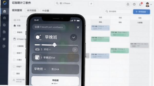 记加班计工时软件班次管理页面,手机屏幕显示不同班次模板设置选项,背景为排班表,画面清晰展示早晚班切换功能,风格简约直观