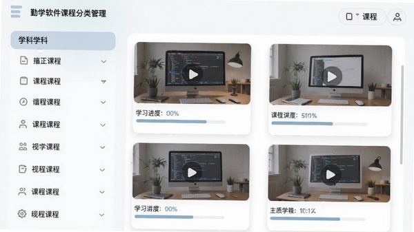 勤学软件课程分类管理界面，左侧为学科列表，右侧显示视频课程缩略图，界面采用卡片式布局，色彩柔和，有进度条显示学习百分比，整体风格现代且信息层级清晰