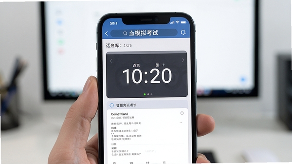 我的题库模拟考试界面，手机屏幕展示答题卡与倒计时，背景整洁，突出计时与答题状态