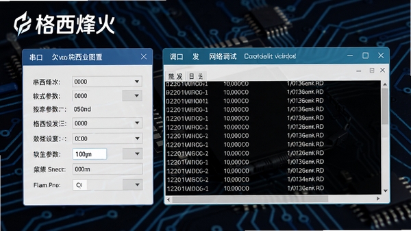 格西烽火软件功能示意图,展示串口调试和网络调试两种模式切换界面,左边是串口参数设置面板,右边是数据收发日志区域,背景带有电路板线条装饰,整体风格现代简洁,包含“格西烽火”文字标识
