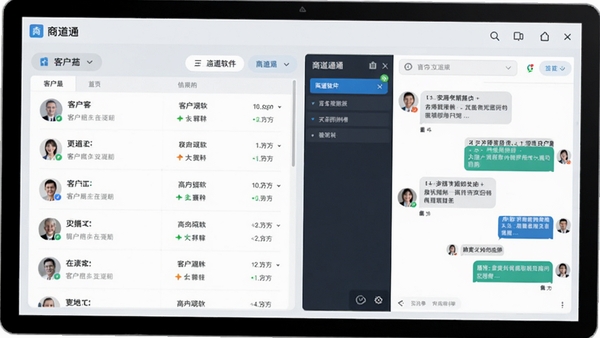 商道通软件主界面预览图，显示客户列表与聊天窗口并排布局，现代简约商务风格，浅色背景，清晰的功能分区，整体画面干净明亮，突出软件的专业与高效
