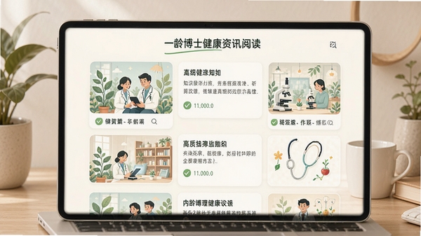 一龄博士健康资讯阅读页面，展示图文并茂的文章列表，配以清新的插图与卡片式布局，背景为暖白色，营造轻松舒适的阅读氛围，突出知识科普与内容品质