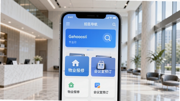 招商派应用主界面预览图，画面中央是手机模型，屏幕显示园区导航、物业报修、会议室预订等功能卡片，背景为现代写字楼大堂，风格明亮简洁，突出智慧办公与高效服务氛围