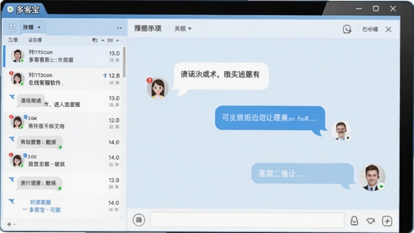 网站多客宝在线客服软件的主界面预览图，左侧为对话列表，右侧为聊天窗口，整体界面简洁清晰，背景为浅蓝色调，突出软件在电脑屏幕上的运行效果，画面中心展示对话气泡与客服头像，风格写实。