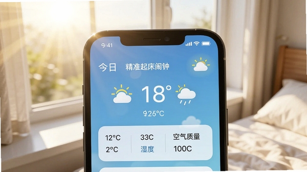 精准起床闹钟天气播报界面，手机屏幕显示今日天气详情，背景为窗台阳光明媚的场景，包含温度、湿度、空气质量数据，画面清爽简洁