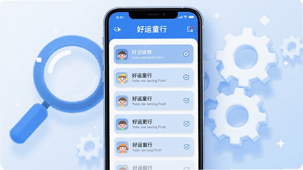 好运童行最新版本更新内容示意图，画面中央是手机屏幕显示更新日志列表，背景有放大镜和齿轮图标，整体风格简洁清晰，色调以蓝色和白色为主