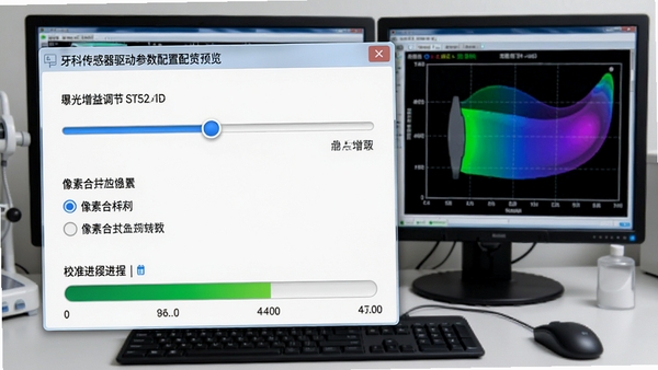牙科传感器驱动参数配置界面预览,展示曝光增益调节滑块、像素合并选项及校准进度条,背景为数字影像处理工作站的桌面,画面主体为设置窗口与校准图表,风格清晰直观