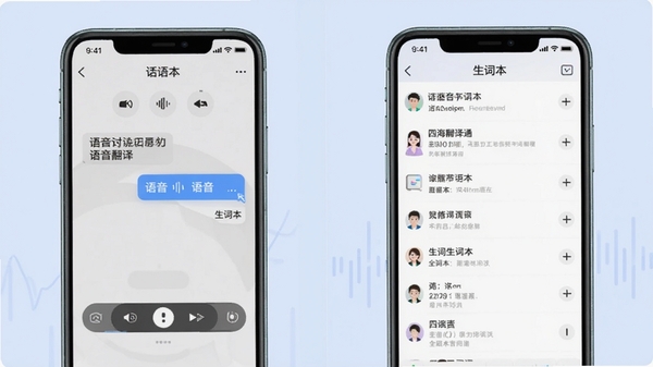 生成一张展示四海翻译通语音翻译和生词本功能的截图拼接预览图,左侧为语音对话翻译界面,右侧为生词本列表,背景为淡蓝色,整体风格清新简洁,突出软件功能全面且易用的特点。