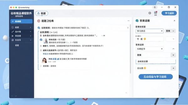 谷秋精品课程软件测验编辑界面,显示题目编辑区和答案选项设置,强调互动测验与学习追踪功能