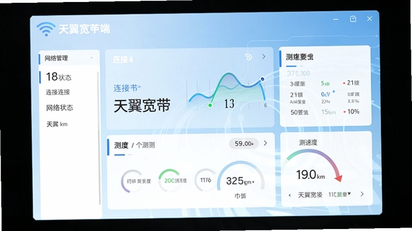 天翼宽带客户端主界面预览图，展示其简洁清晰的网络管理仪表盘，背景为淡蓝色科技感渐变，前景突出连接状态与测速模块，画面干净明亮，符合电信级软件的专业气质