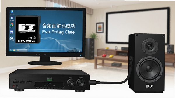 DVD解码器音频直通功能示意图,画面展示功放设备与音箱连接,电脑屏幕显示DTS音轨解码成功标识,背景为客厅家庭影院环境