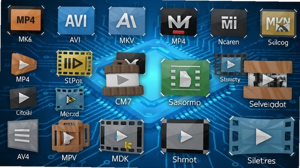 SolveigMM Video Splitter支持的视频格式图标墙，涵盖MP4、AVI、MKV等常用格式，背景为蓝色科技感风格
